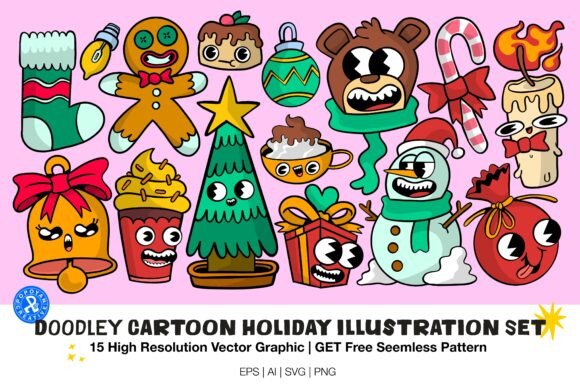 Elevate Festive Design with Doodley Cartoon Holiday Illustration Set
