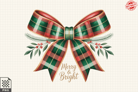 Plaid Christmas Coquette Ribbon Bow PNG for Festive Designs